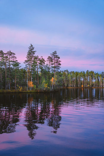 Scenic view of lake against sky at sunset