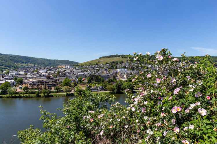 Wide angle view at bernkastel-kues, germany and the river moselle valley