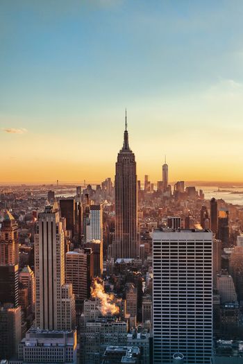 City skyline at sunset