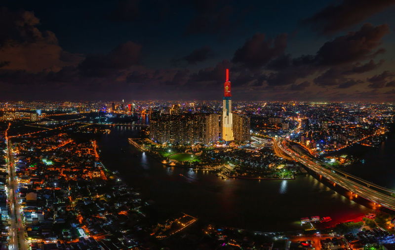 High angle view of of saigon skyline at night