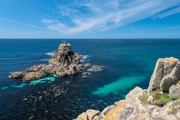 View of the armed knight rock formations at lands end in cornwall