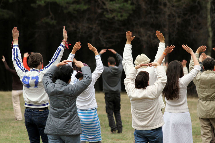 Rear view of people with arms raised standing in park