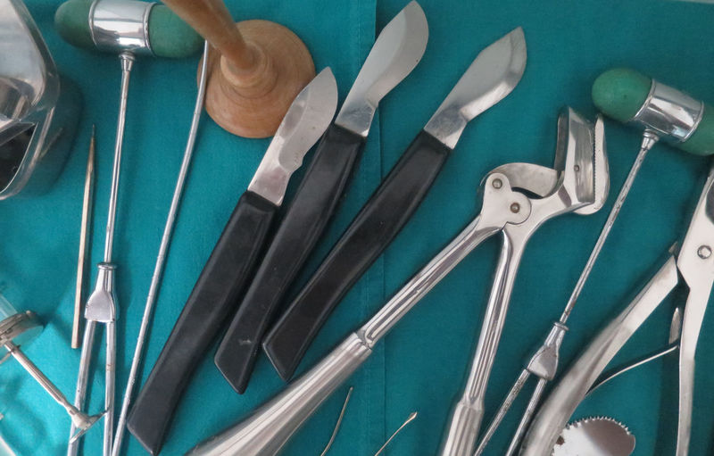 Close-up of surgical equipment on table