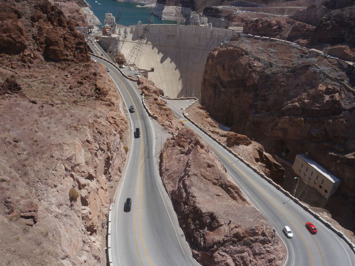 High angle view of road leading towards hoover dam on colorado river