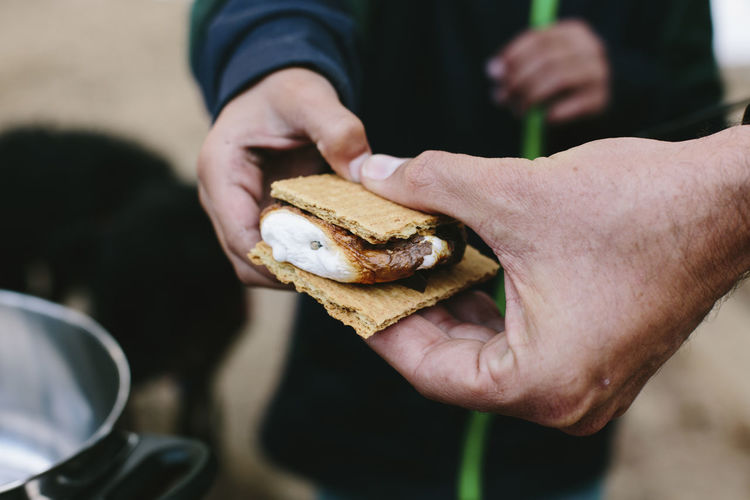 Cropped hand of father giving smore to son at campsite