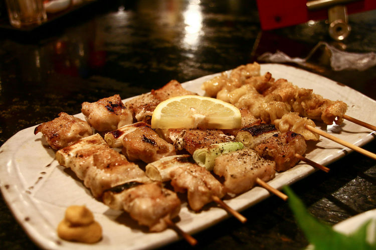 Close-up of yakitori in plate in izakaya 