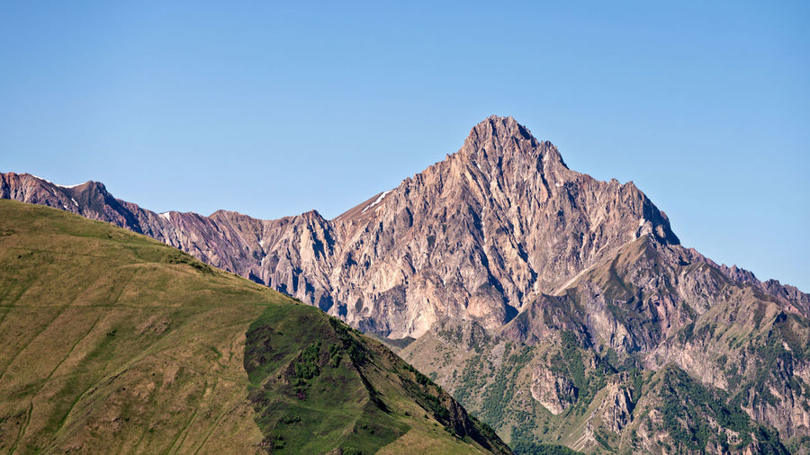 Panoramic view of mountain against clear sky