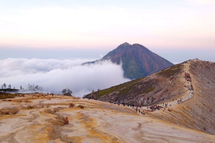 Panoramic view of volcanic landscape against sky during surise