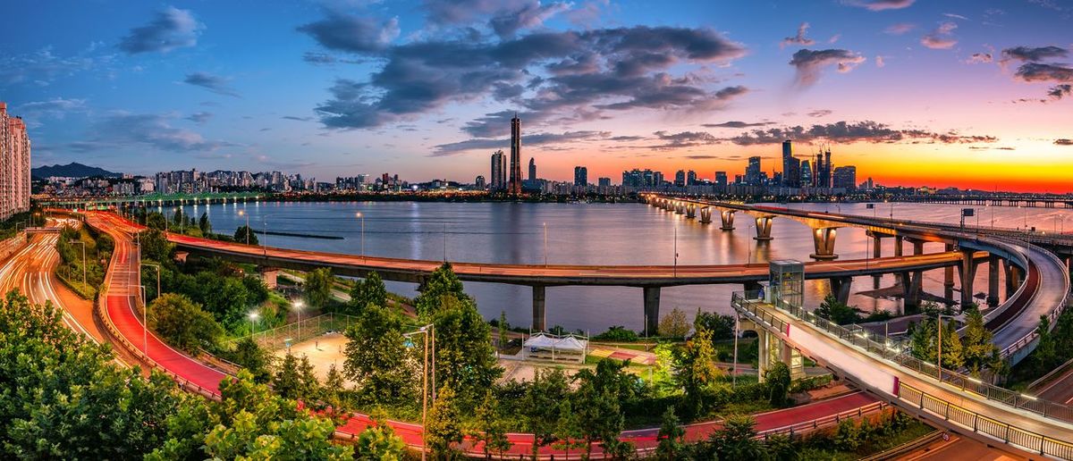 Panoramic view of bridge over river against sky during sunset