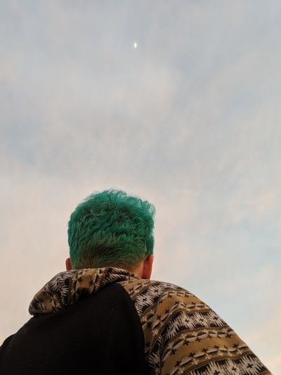 Rear view of man with dyed hair against sky