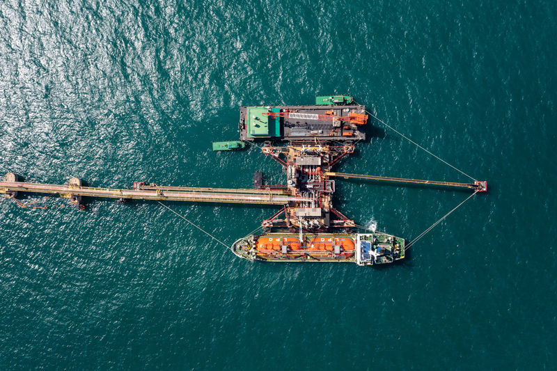 Aerial view oil pipes to oil tanker ships at pier off the coast in beautiful peaceful environment.