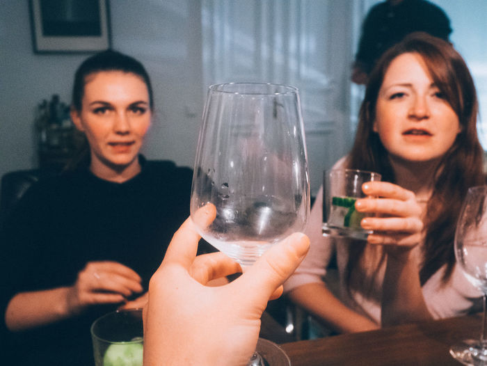 Friends toasting wine at restaurant