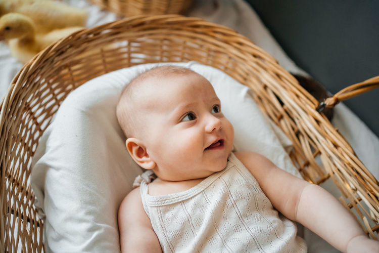 High angle view of cute baby girl sitting in basket