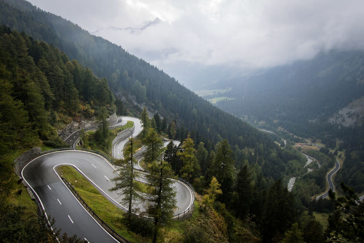 High angle view of winding road on mountains