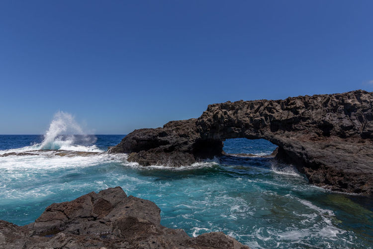 Scenic view of sea against clear blue sky