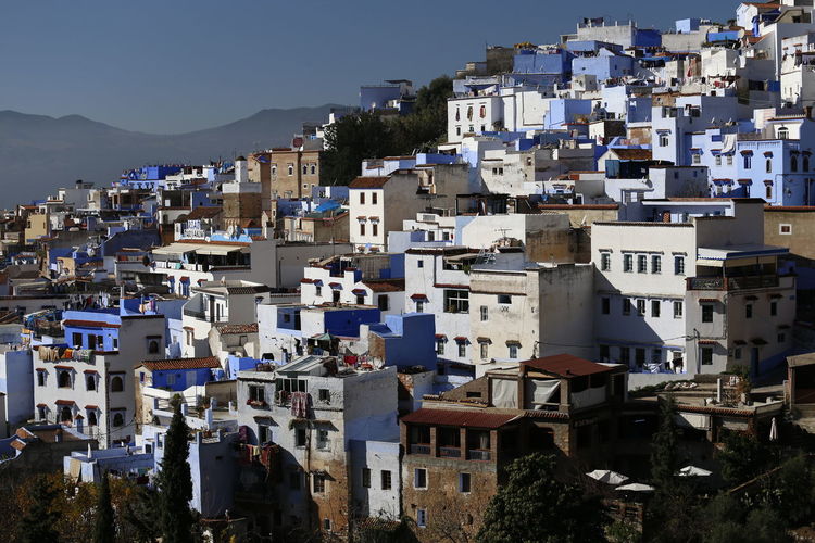 High angle view of townscape against sky, chefchaouen morocco 