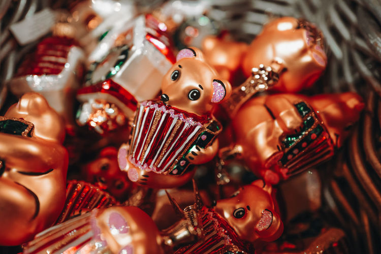 Christmas golden toys bears golden ball in the basket. merry christmas and happy new year