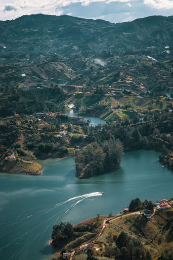 Aerial view of landscape and sea
