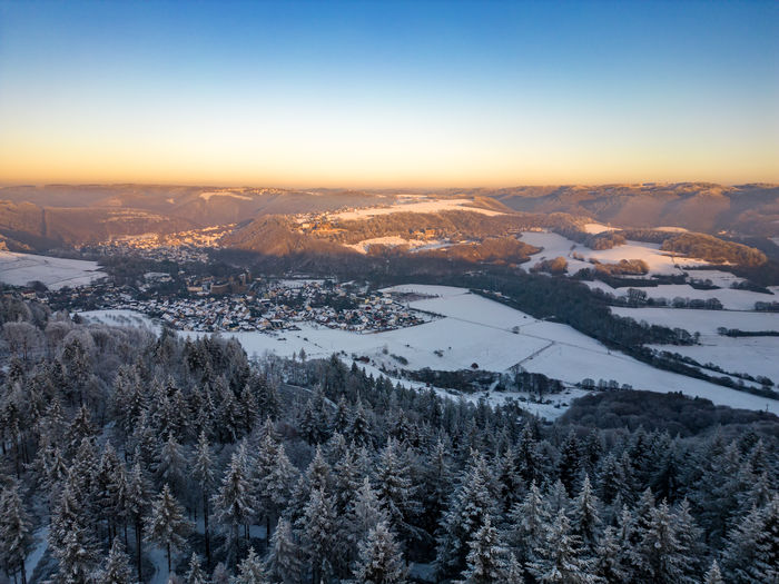 Aerial winter view of the town of hausen, germany in the wied valley