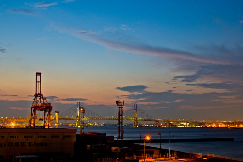 Illuminated commercial dock against sky during sunset