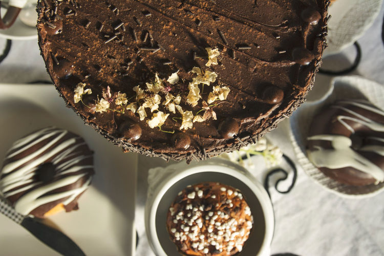 High angle view of chocolate cake on table