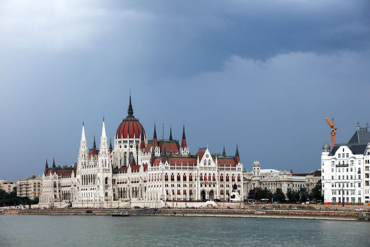 Hungarian parliament building by river in city
