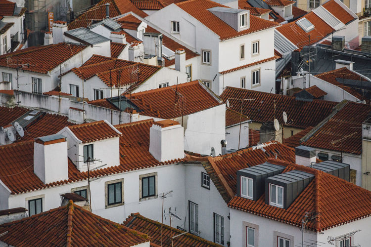 High angle view of residential buildings in city