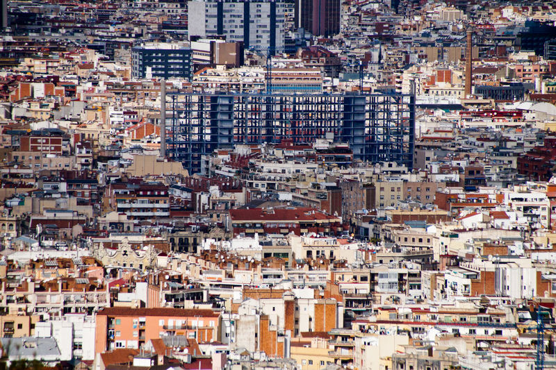 High angle view of buildings in city, barcelona 