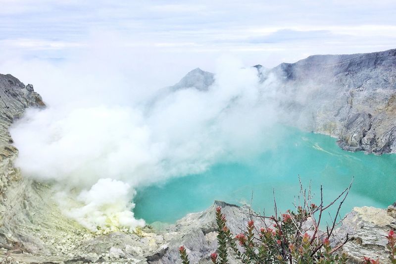 Smoke emitting from ijen volcanic mountain