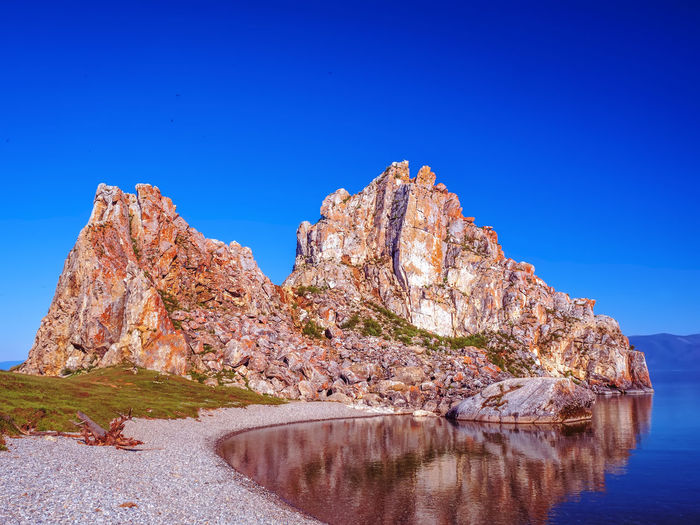 Low angle view of rocky mountains against clear blue sky