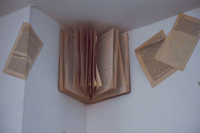 High angle view of books on table
