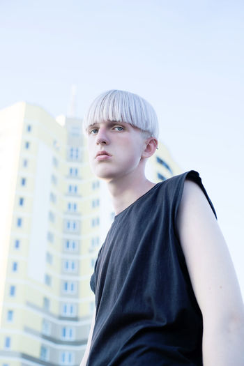 Blonde Fashion Portraits Young Youth Black Blond Hair Boy Casual Clothing Close-up Day Guy Headshot Lifestyles Male People Portrait Real People Street Street Style Subculture Teen Teenager Urban Young Adult