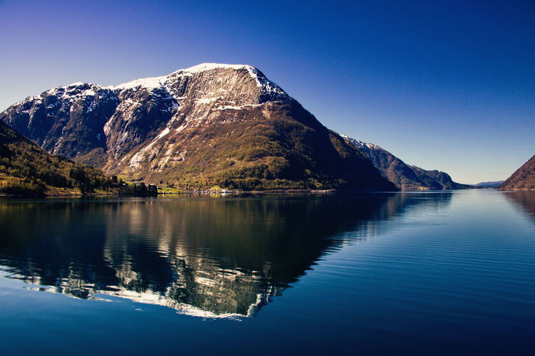 Scenic view of lake and mountains against clear blue sky