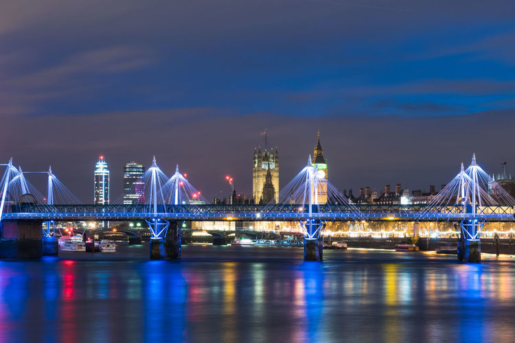 Illuminated bridge over river at night