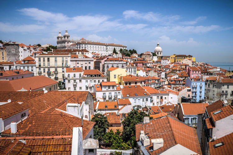 High angle view of town against sky
