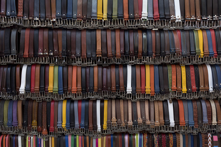 Full frame shot of colorful belts for sale at market stall