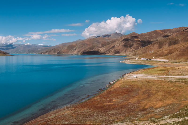 Yamdrok lake, one of the three largest sacred lakes in tibet