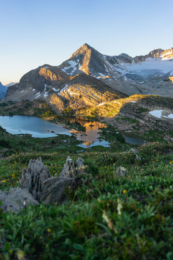 Mourning light glow at limestone lakes height of the rockies