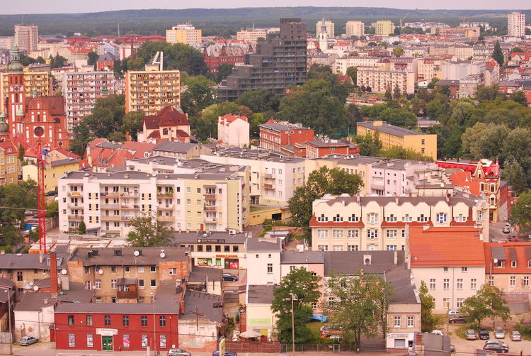 High angle view of buildings in city