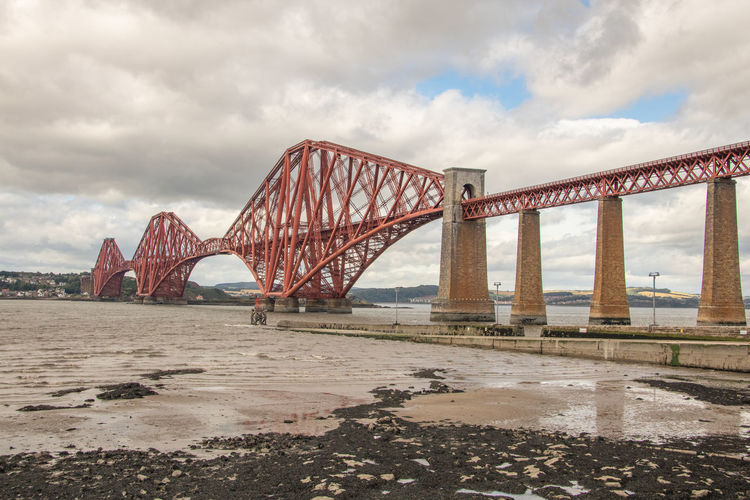 Forth rail bridge over river against cloudy sky
