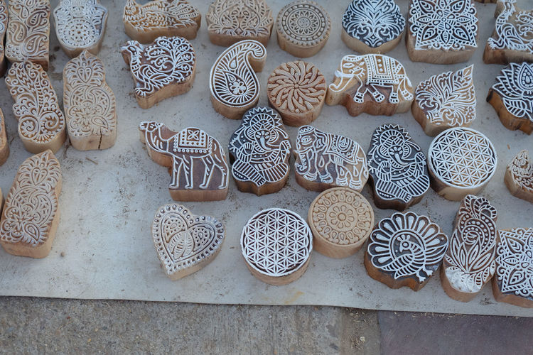 Henna stamps for decorating body or clothes in rajasthan, india