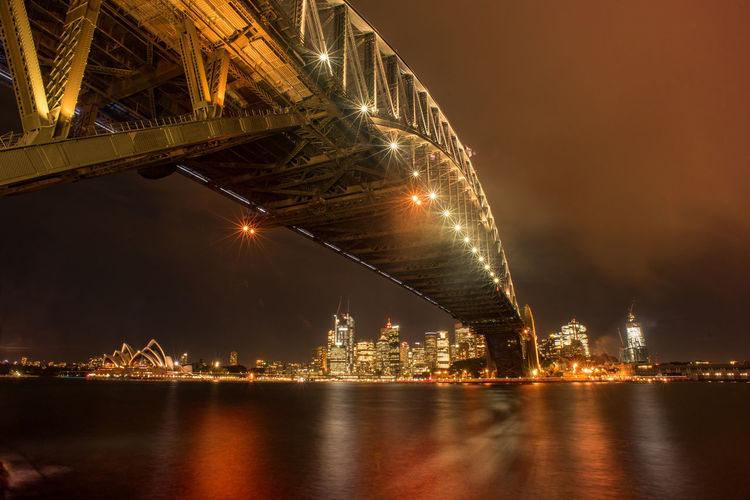 Sydney harbor bridge at night with sydney skyline building in background.long exposure shot.