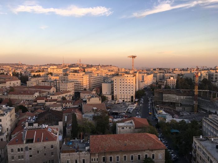 High angle view of jerusalem against sky at sunset