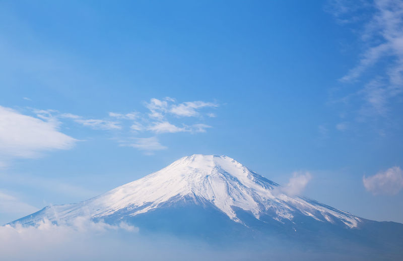 Closeup top of fuji mountain with blue sky