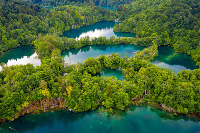 Aerial view of the lakes on the plitvice lakes national park, croatia