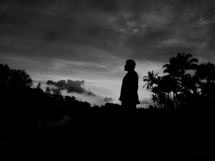 Silhouette man standing by trees against sky