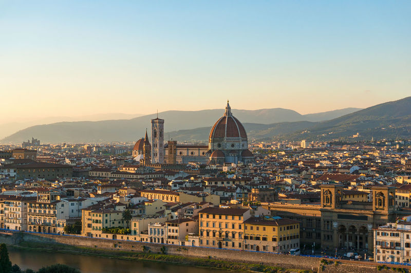 Panorama of florence cityscape with famous landmark santa maria del fiore cathedral from above.