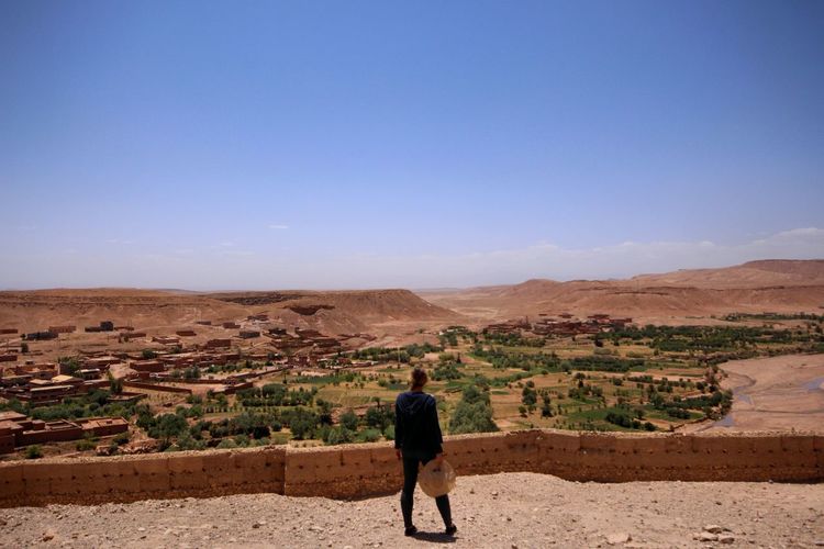 Rear view of man on desert against sky