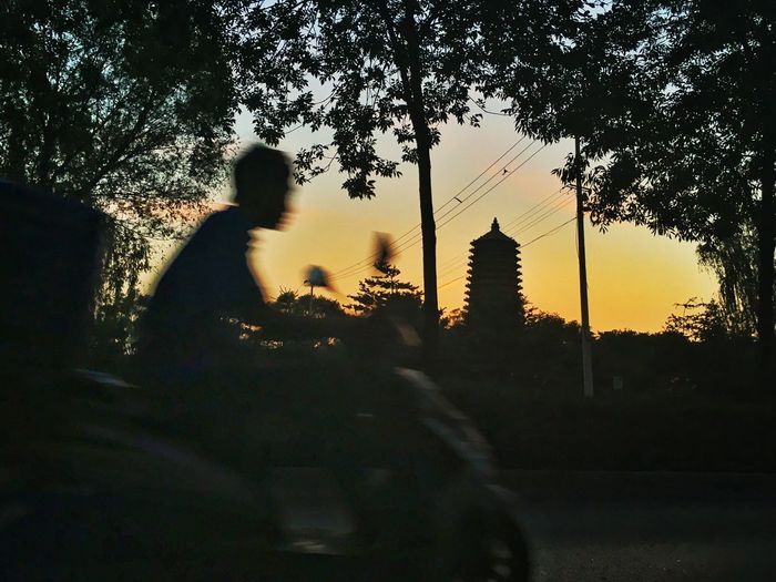 Rear view of silhouette man walking on road