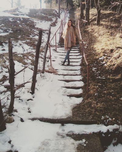 Rear view of woman standing on snow covered trees